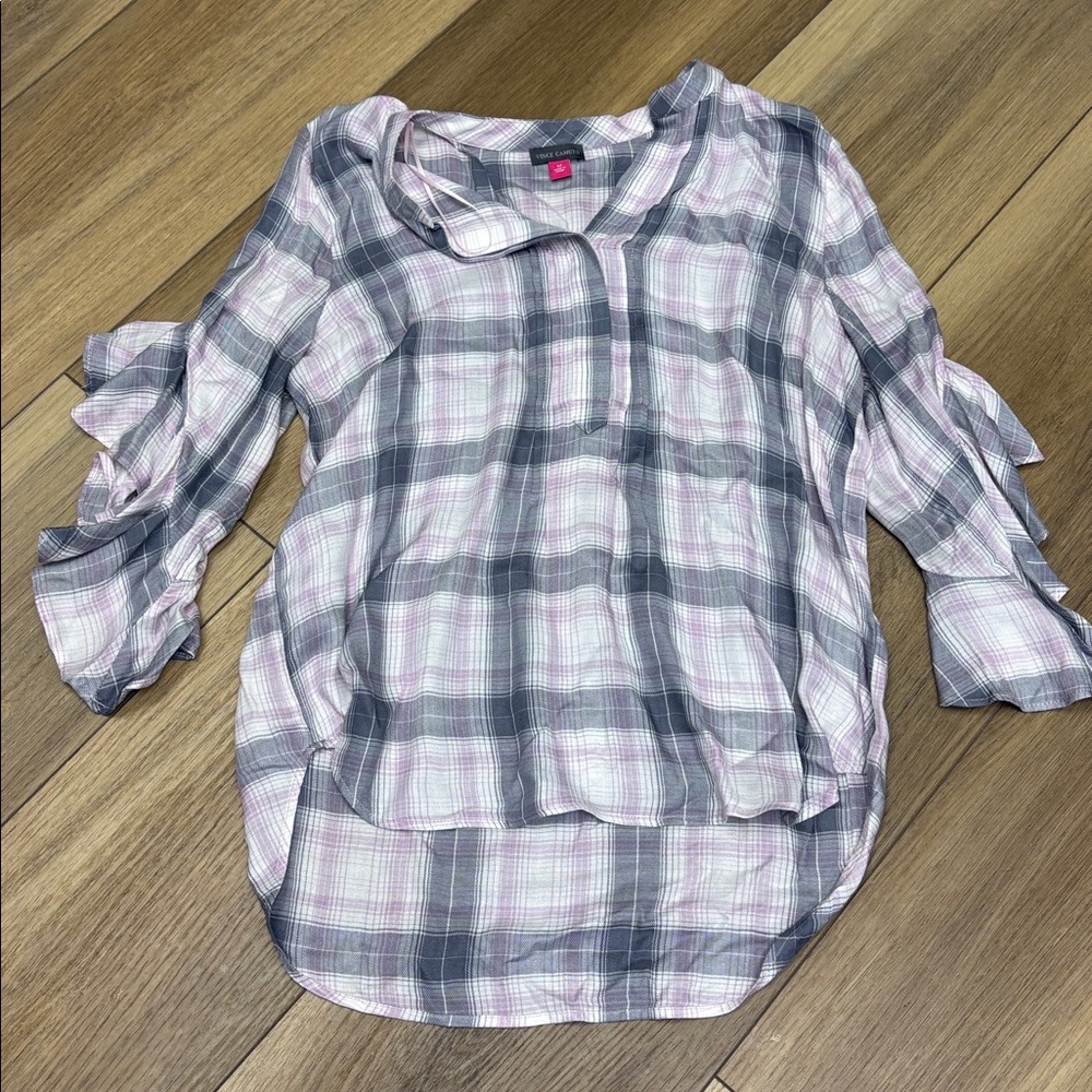 Vince Camuto Plaid Print Ruffle Sleeve Henley Top - Picture 4 of 5